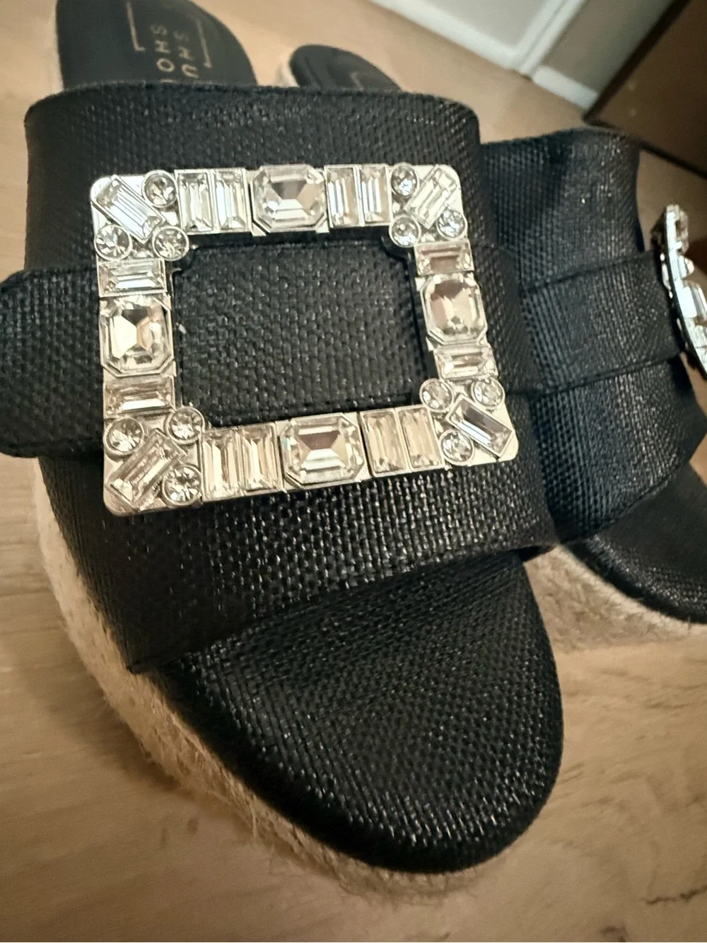 ShuShop Black Jeweled Buckle Wedge Slides